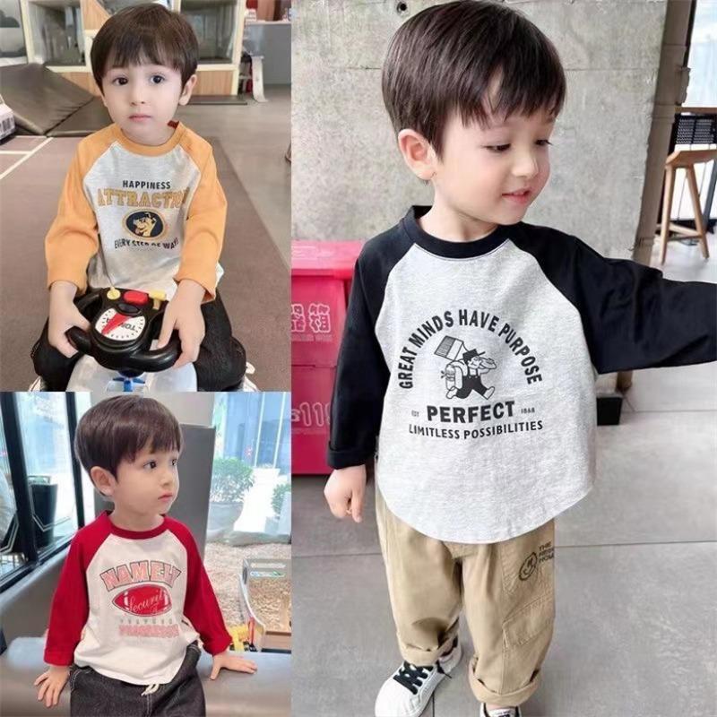 Pure Cotton Color Block Kids Long Sleeve Crew Neck T Shirt For Boys And Girls