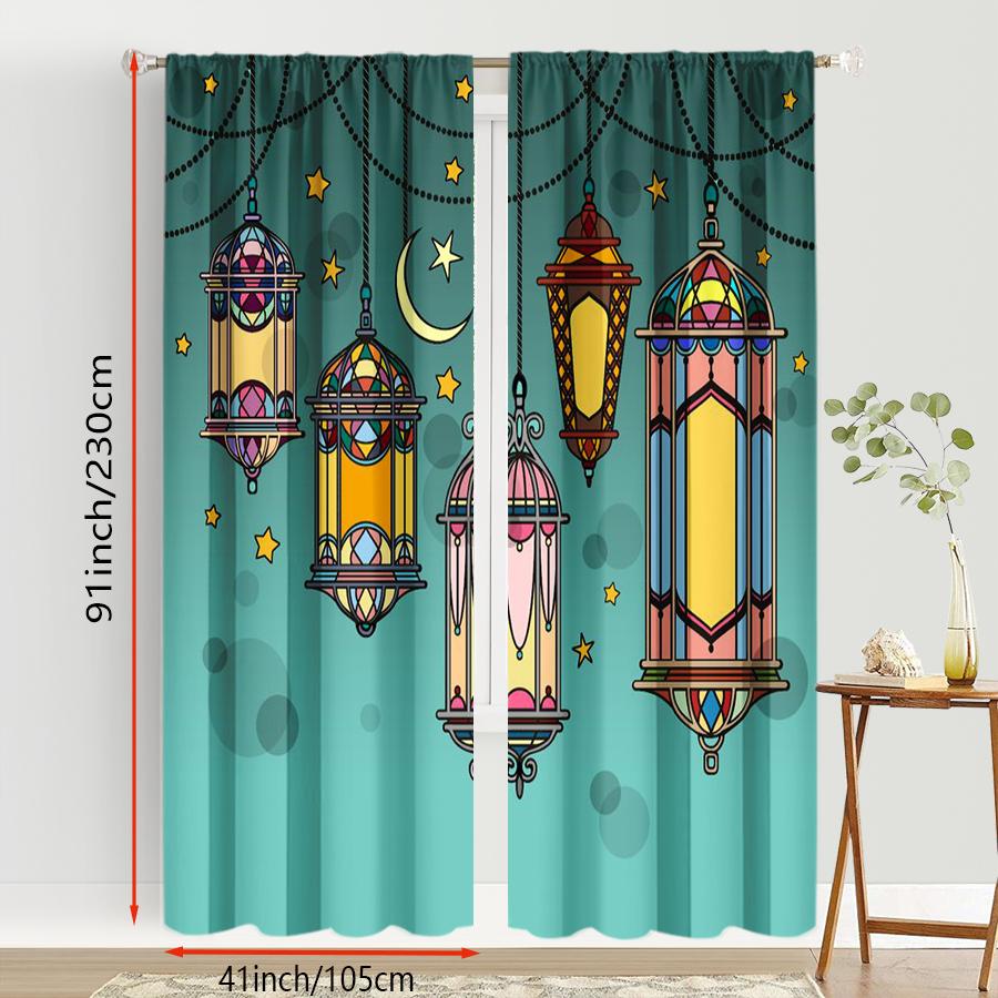 2 ks Tyrkysové vitrážové lucerny a závěsy s potiskem půlměsíce a hvězdy, Ideální pro výzdobu oken na Ramadan/Eid, Závěsy s kapsou na tyč