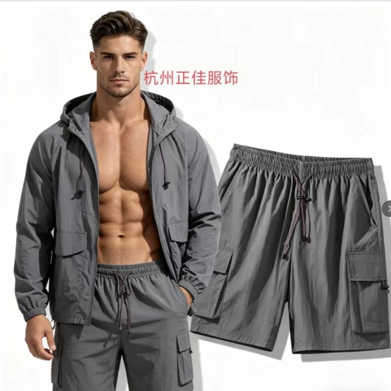 Conjunto de Dos Piezas para Hombre con Sudadera con Capucha, Chaqueta Protectora del Sol y Pantalones Cortos