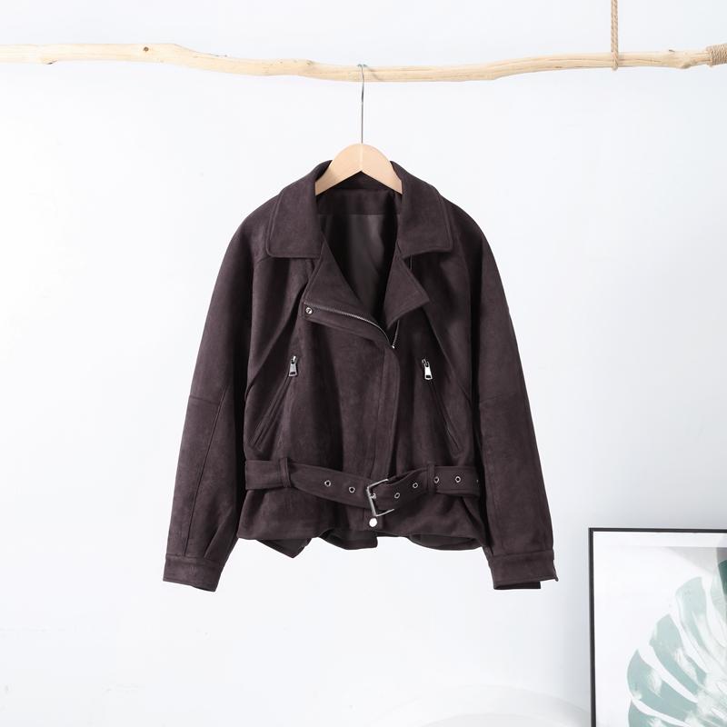 Fashion Women's Short Suede Jackets Belt Lapel Puff Long Sleeve Zipper Pockets Coats 2025 Spring Lady Vintage Street Outwears