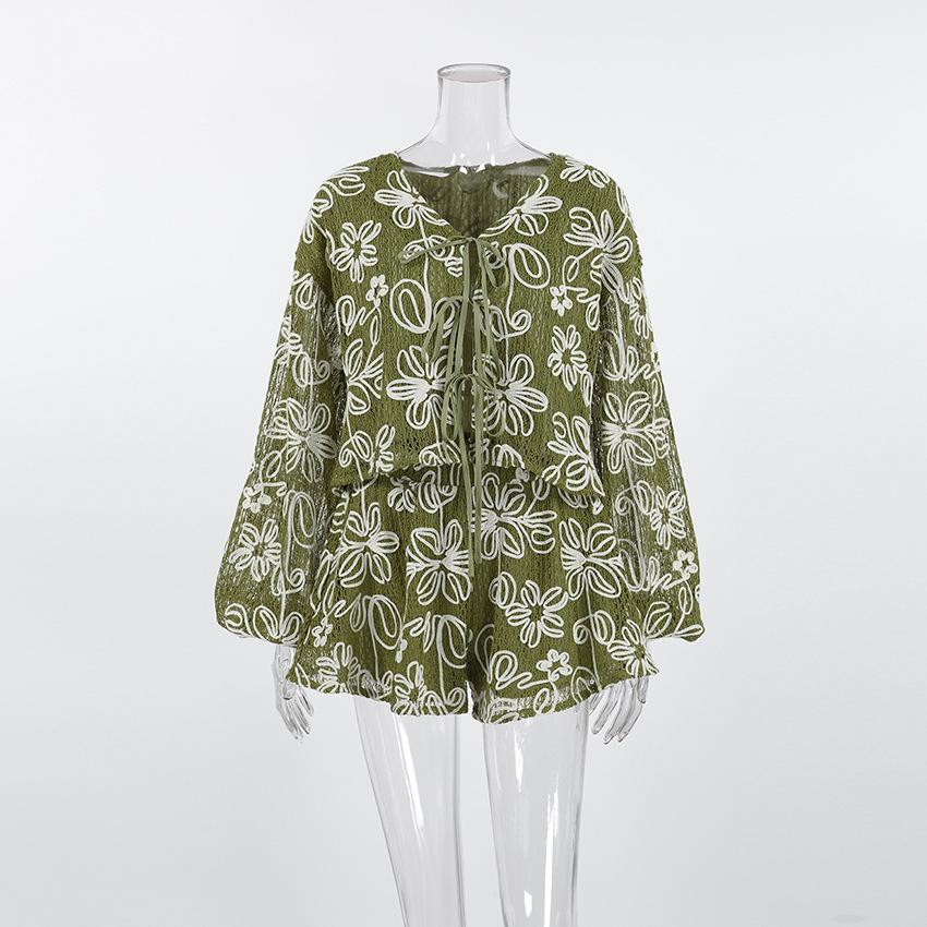 Autumn niche jacquard macaron color v-neck long-sleeved lace-up top and shorts two-piece fashion casual suit