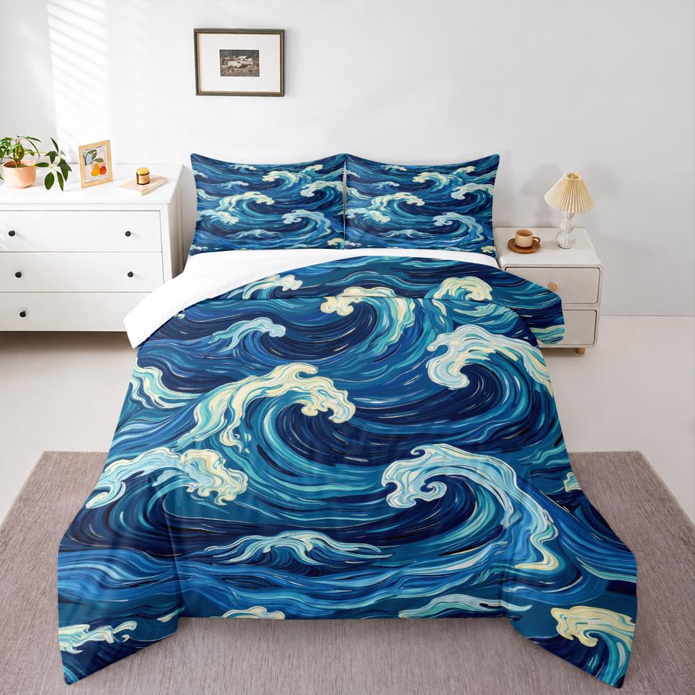 Blue Swirling Ocean Waves Van Gogh Style Bedding set (1 duvet cover, 2 pillowcases, duvet not included), Nautical Art Print