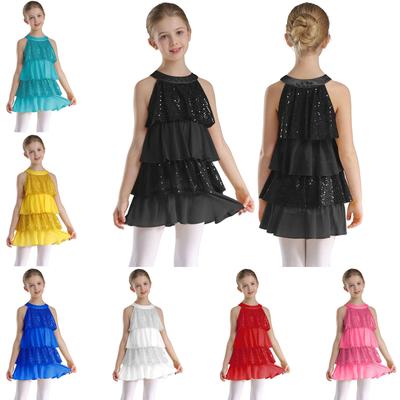 Shiny Girls Performance Costume Sequins Tiered Dress Sleeveless for Jazz Latin Dance