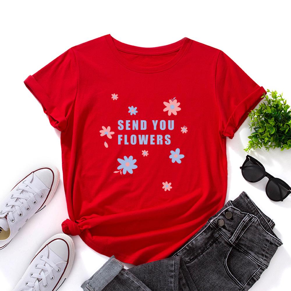 Send You Flowers Cotton T-Shirt Short Sleeve Round Neck Women 2d Print Tops