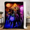 A vibrant figure surrounded by glowing orbs, flames, and radiant armor. for all seasons blanket lunch break throw gift