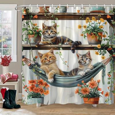 Kitten's Leisure Time Series Shower Curtain, with Flower Waterproof Shower Curtain, Adds a Cute and Whimsical Feeling