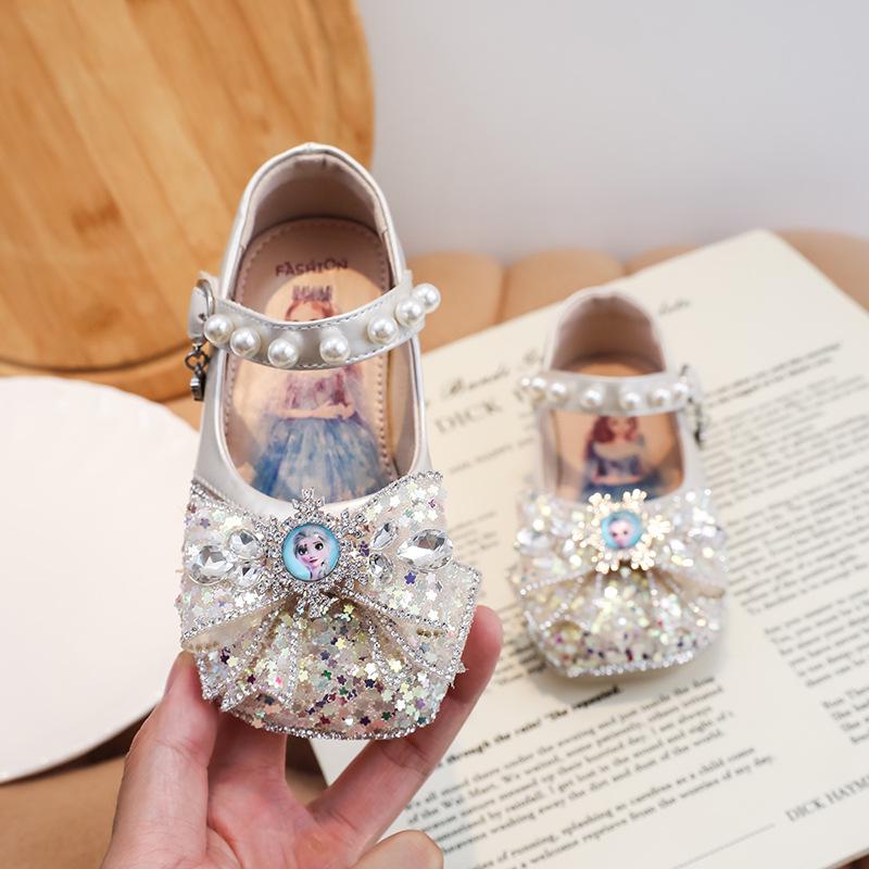 Girls Autumn Crystal Princess Shoes - Elsa Bowknot Leather Dance Shoes 23 (14.5cm inner length) бежевый