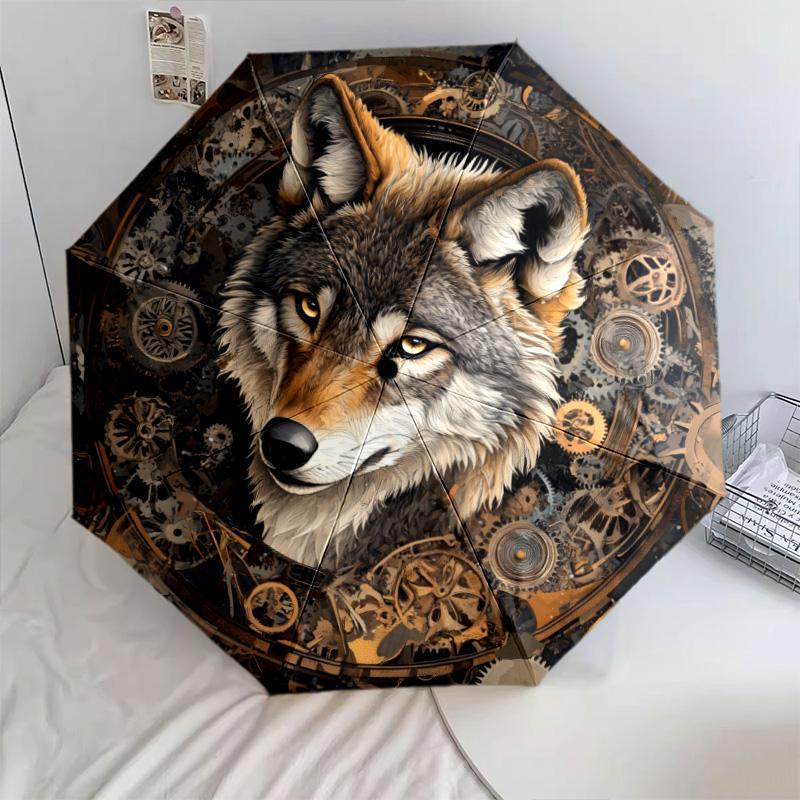 Gear Wolf pattern, automatic folding umbrella, portable and foldable design, 8 ribs, a Christmas or birthday gift.
