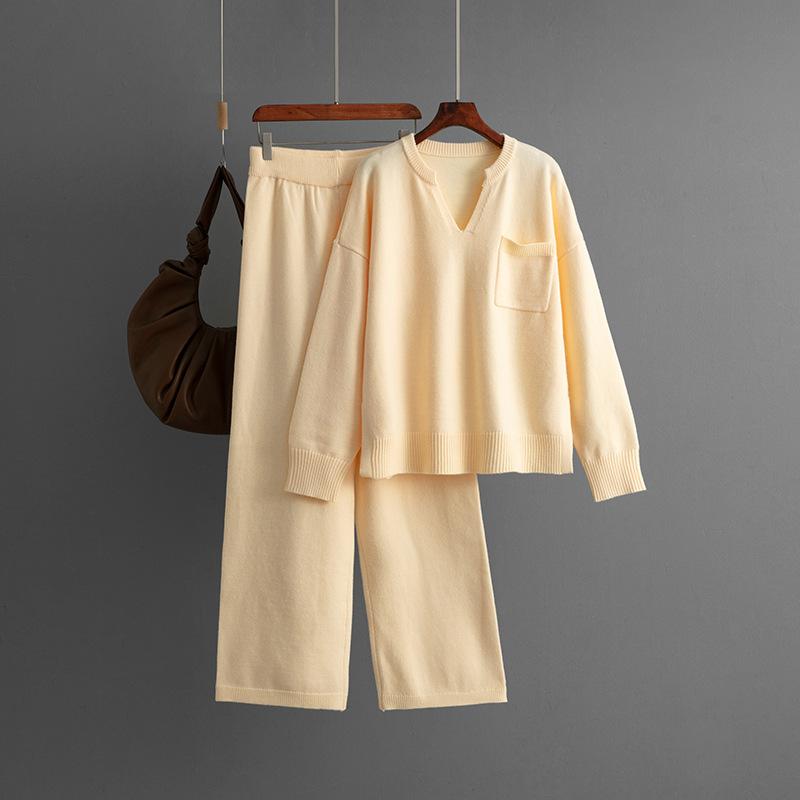 Fashion Set Women's Autumn Winter V-neck Loose Solid Color Split Head Knitted Sweater Two Piece Set