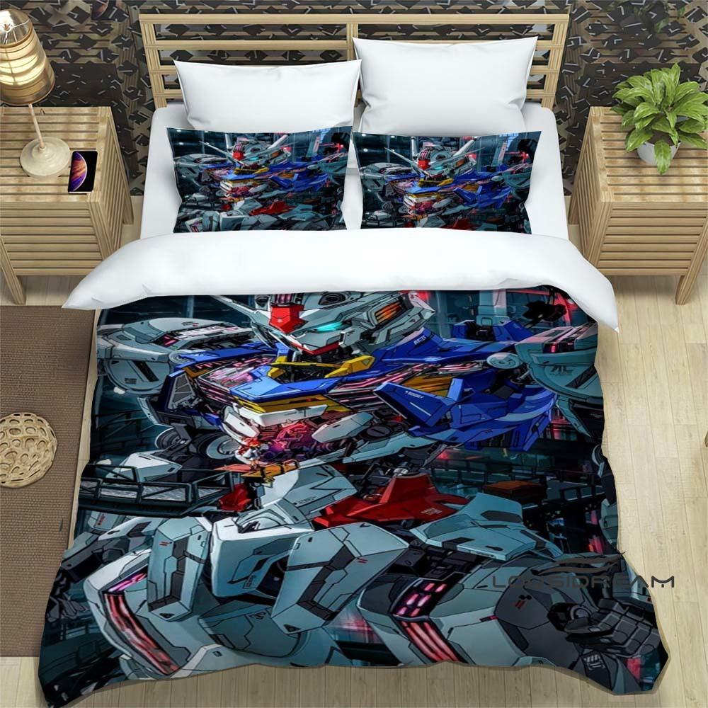 3D Printed Cartoon Gundam 3-Piece Bedding Set: Duvet cover set suitable for adult boys and girls bedroom décor, children's gift,