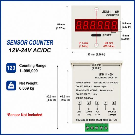 JDM11-6H 6 Digit Digital Counter LED Display Electronic Totalizer Industrial Panel Mount Counter Power Failure Memory 12-380V 1