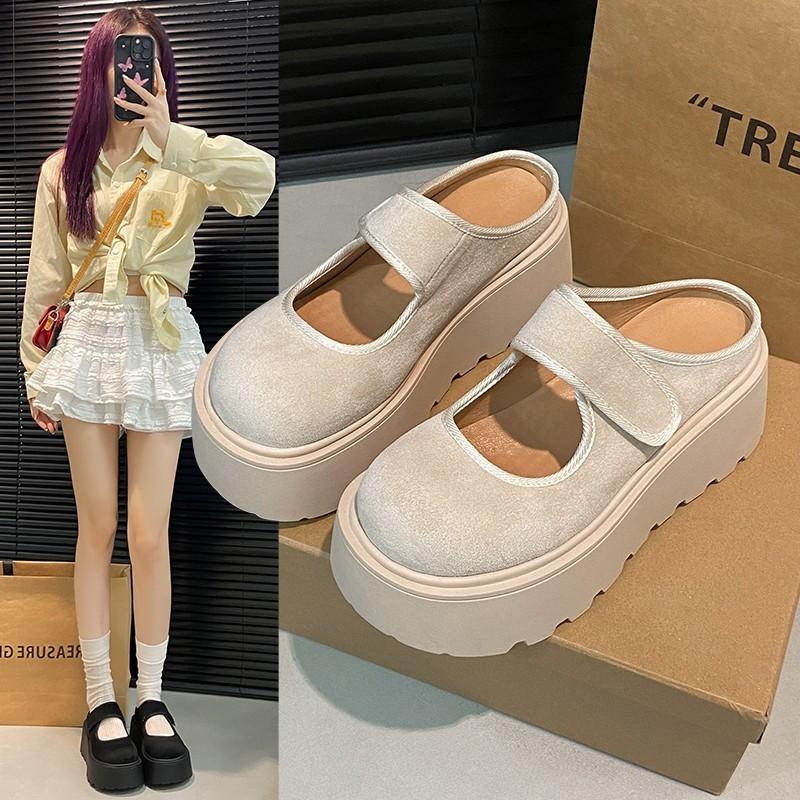 Velcro bag head half slippers spring 2025 new retro versatile small man height increase thick sole outer wear single shoes