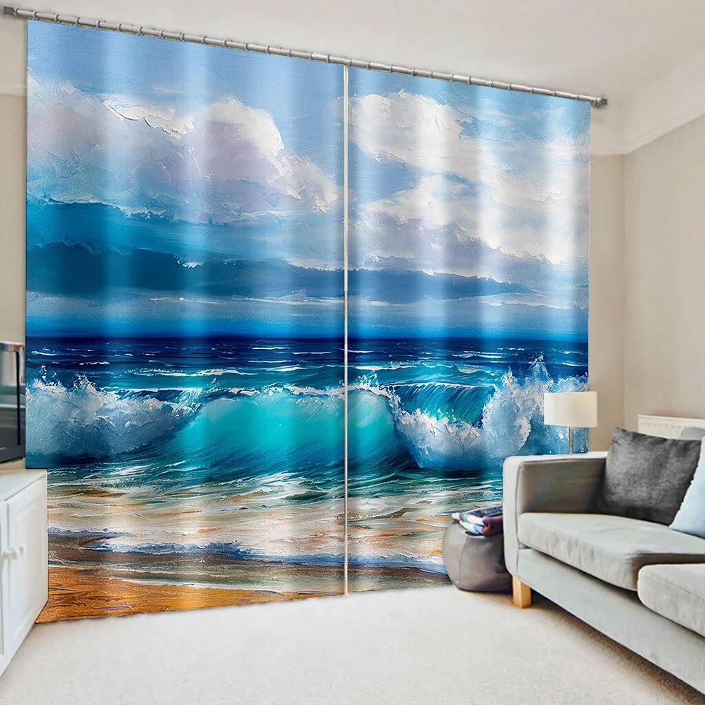 3D digital solnedgång över havet Lugn, mörkläggningsgardin för vardagsrum, sovrum, ö, sommartid, 2 delar skuggning