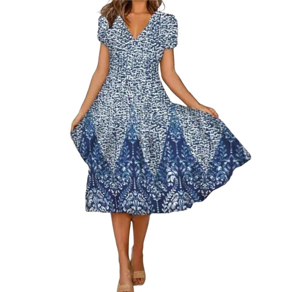 Women's Fashion A-Type V Neck Short Sleeve Floral Flower Print Loose Casual Dress