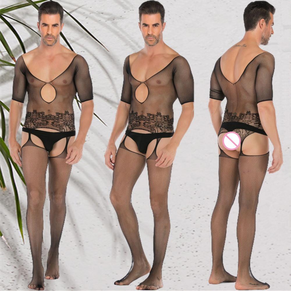 Sexy Adult Couple Sex Man's Fishnet Lingerie Jumpsuits Male Sheer Babydoll Nightwear Sleepwear Porn Gentlemen Underwear