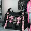 Sac à Bandoulière Gothique Fille Sac à Bandoulière en PU Rose Chaînes Croisées Y2K Grande Capacité de Rangement Sac à Main Cadeaux