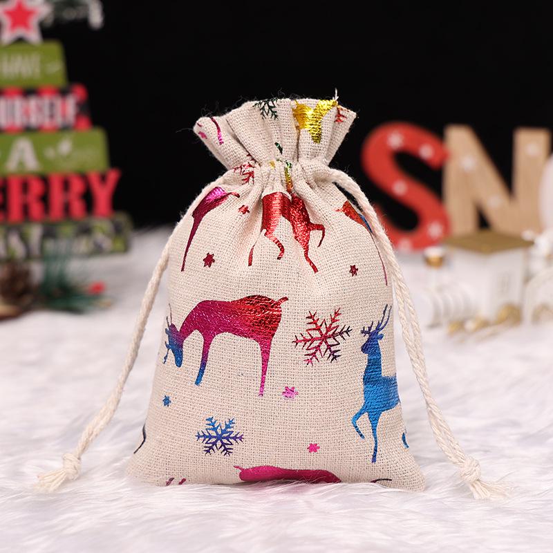 Christmas Gold Foil Cotton Linen Drawstring Gift Bag for Candy