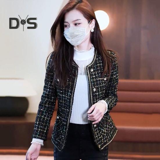 Damska kurtka tweedowa z długim rękawem, zapinana na guziki, krótka marynarka z kieszeniami, płaszcz dwurzędowy w kratę na jesień/zimę