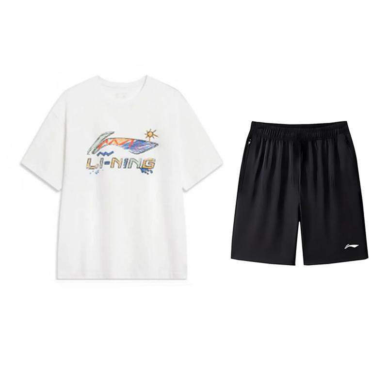 Li-Ning Fashion Letter Print Fresh Cotton Comfortable Versatile Round Neck Pullover Short Sleeve T-Shirt Casual Sports Suit AHSWC47-2+YATV113-1