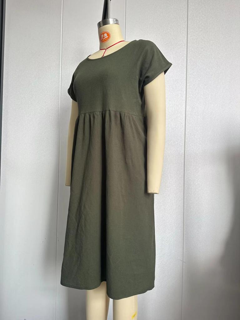 Women's Mid-Length Cotton Linen Dress - Round Neck, Short Sleeve, Solid Color, Pleated, Loose-Fit Casual Design