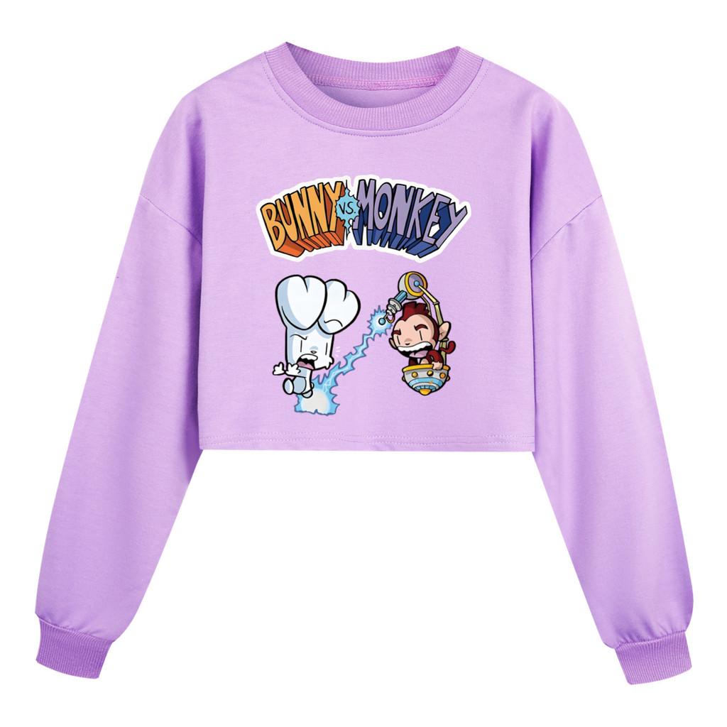4187 Kinder Mädchen Kaninchen Affe Aufdruck Lässiger Langarm Kurzer Stil Sweatshirt