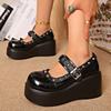 Fashion Wedge Heel Mary Jane Shoes Summer New Round Toe Shallow Mouth Rivet Metal Buckle Waterproof Platform Non-slip High Heels