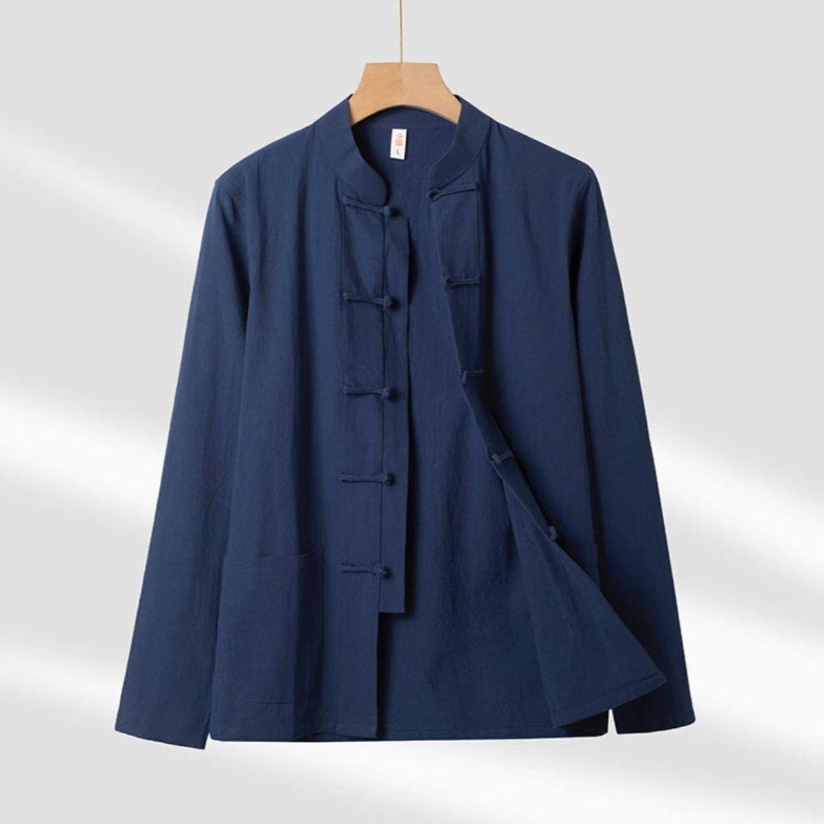 

Мужская рубашка в стиле ретро из хлопка и льна с воротником-стойкой в китайском стиле — длинные рукава, идеально подходит для весны и осени 2XL 70-77.5 kg синий