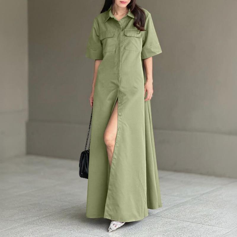 

ZANZEA Женское платье-рубашка с отложным воротником, свободного кроя, с коротким рукавом, повседневное 5XL зелёный