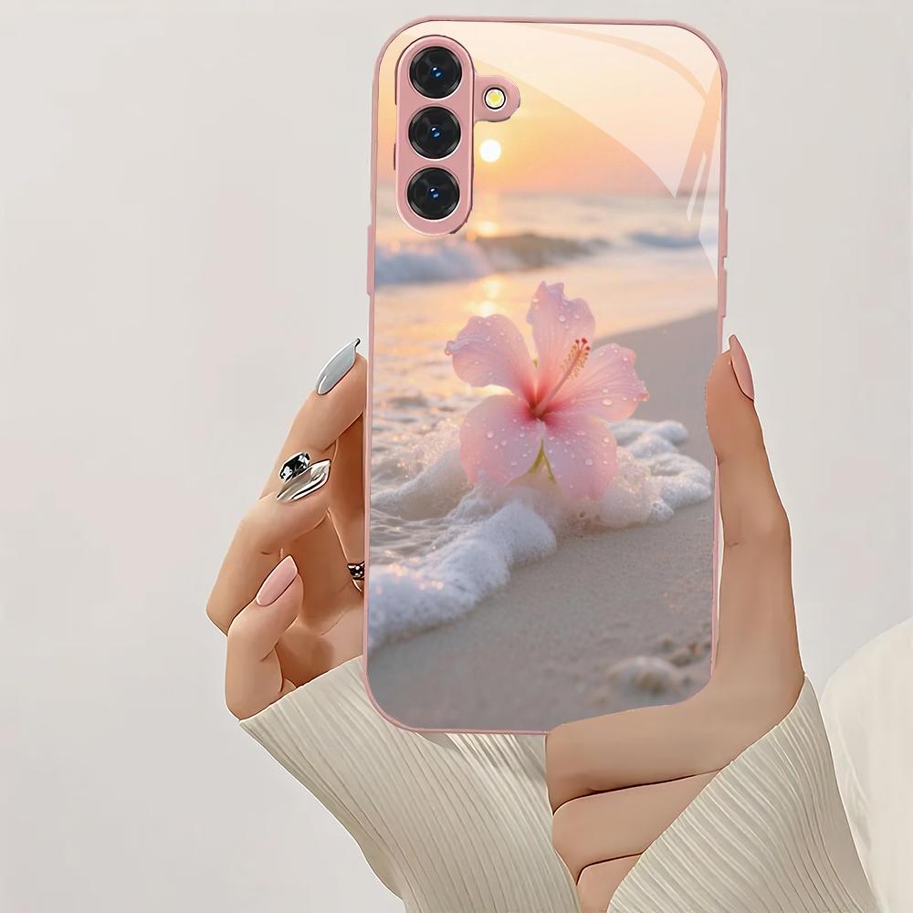 Funda de cristal para teléfono con diseño de flor de playa adecuada para Samsung Galaxy S26 S25 S24 S23 S22 S20 FE/Ultra/Plus cubierta trasera a prueba de golpes