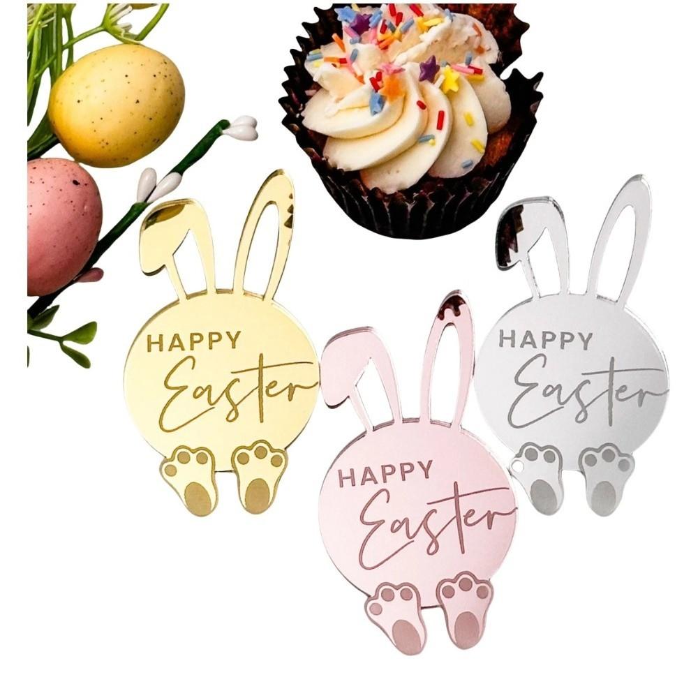 6pcs Acrylic Cupcake Decor Toppers Happy Easter Bunny Pattern Tags Rabbit Cake Toppers Easter Party