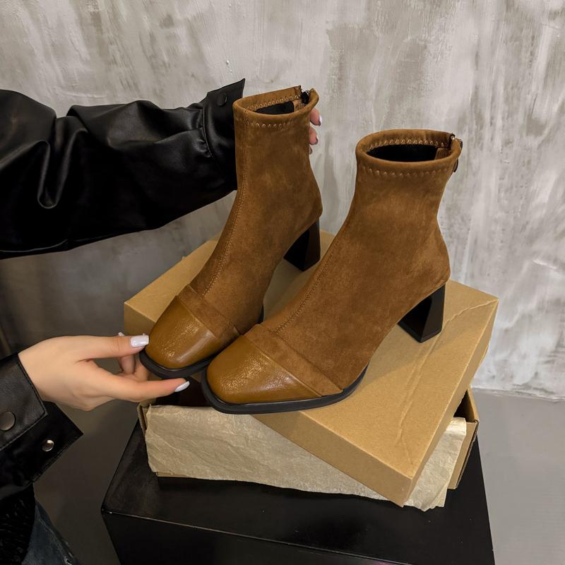 

Fashion Square Toe High Heel Booties Women s Vintage Suede Paneled Autumn Winter Block Heel Stretch Skinny Boots 35