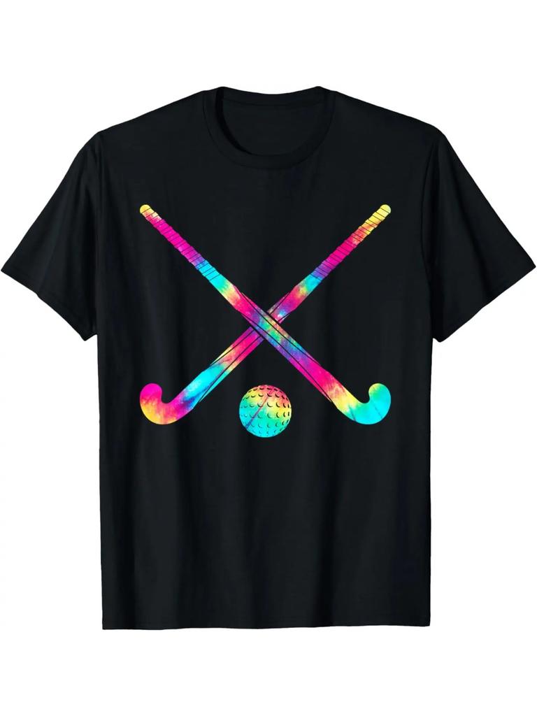 Field Hockey Stick And Ball With Trendy Tie Dye Print Tshirt Print On Deunisexd Graphic T Shirts Unisexs Clothing Camisas