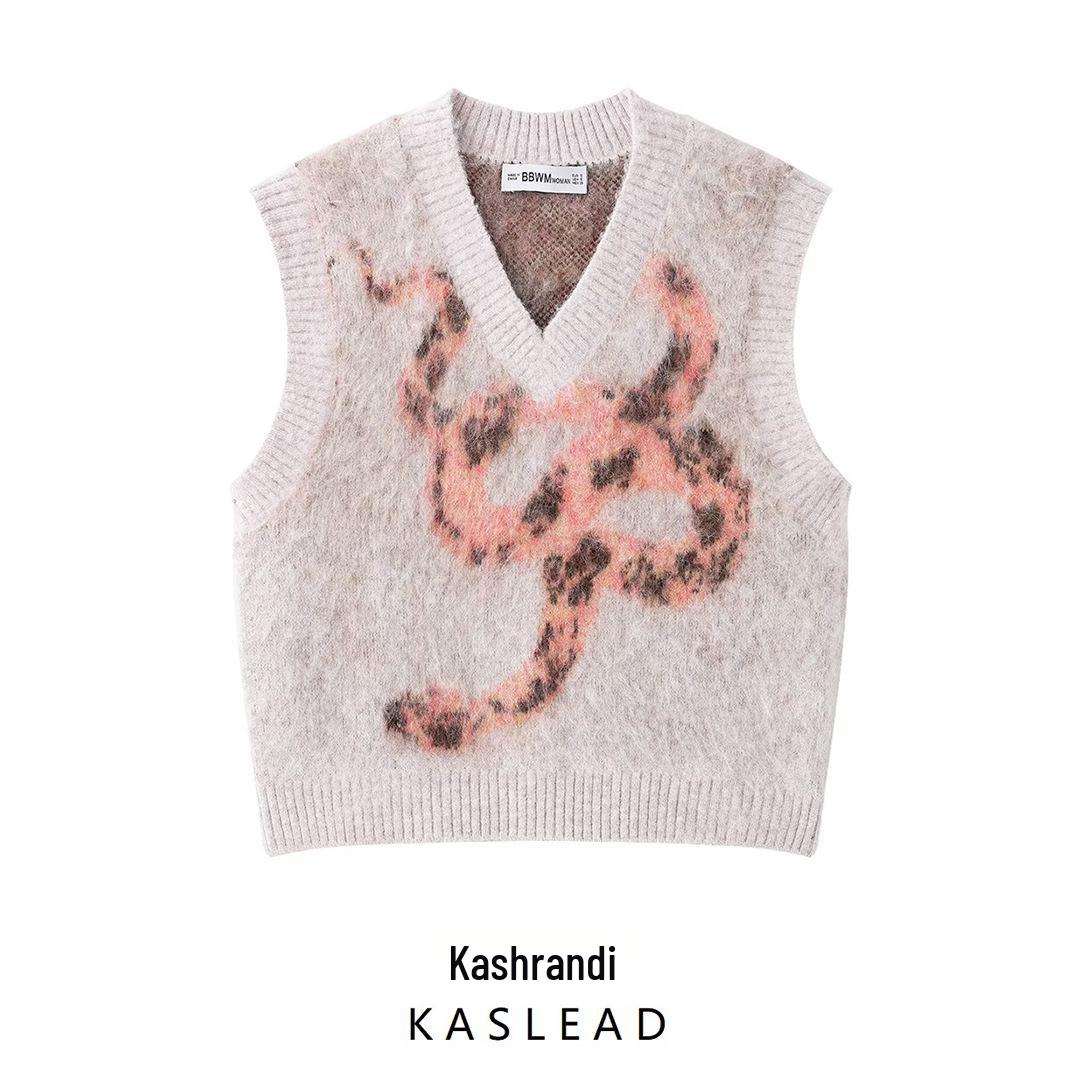 

2025 Spring Women s European & American V-Neck Jacquard Knit Vest Top Small