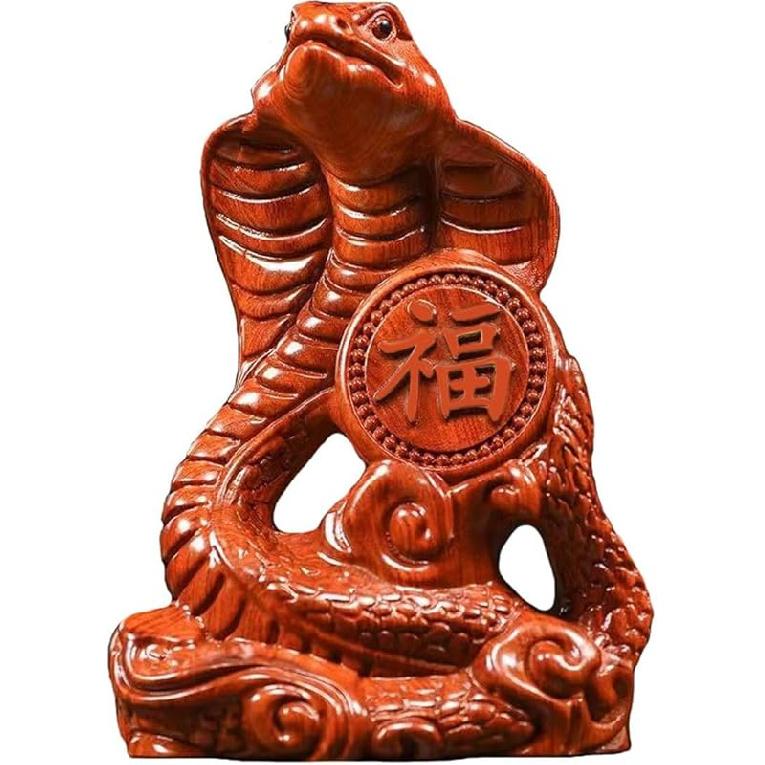 Snake Statue Small Wooden Chinese Zodiac Feng Shui Snake Figurines 2025 Year of The Snake Gift Snake Sculpture Ornaments for Luck Success Wealth