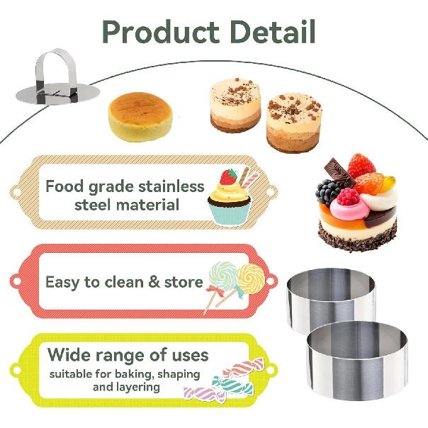 Uncle Jack 4 Pieces Round Cake Ring Molds, Stainless Steel Cake Ring Mold with Pusher, for Kitchen Tools, Baking Pastry, Mousse (Include 4 Rings and