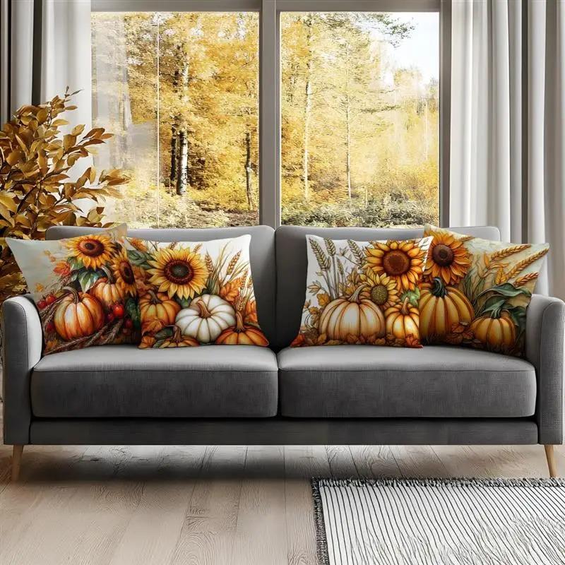 Home Decor Sunflowers & Pumpkins Fall Season Pillow Cover Pattern Cushion Cover Suitable for Sofa Bedroom Car Pillow Cover