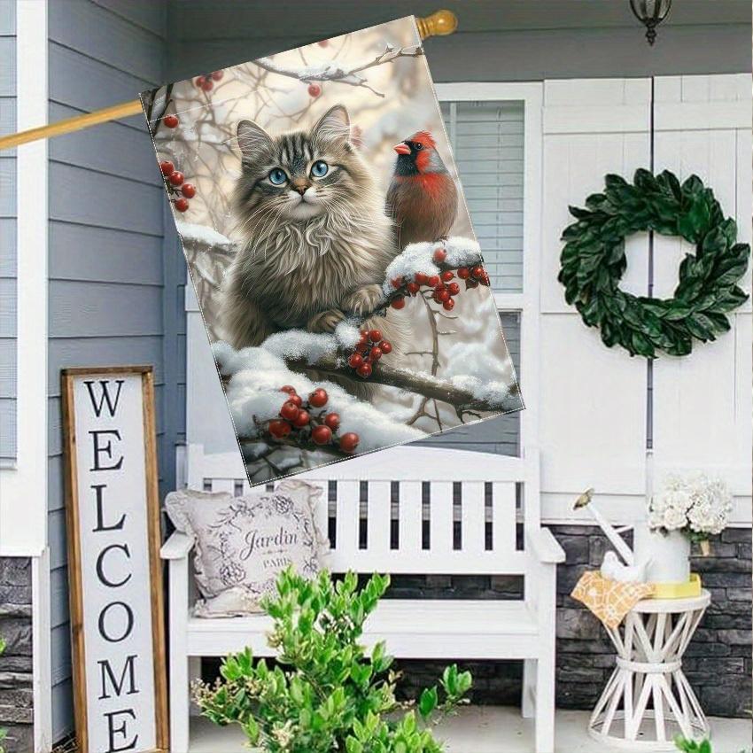 1pc, Winter Cardinal Cat Red Berrydouble-sided Garden Flag Yard Decoration, Outdoor Decoration, Lawn Decoration, Flag Only