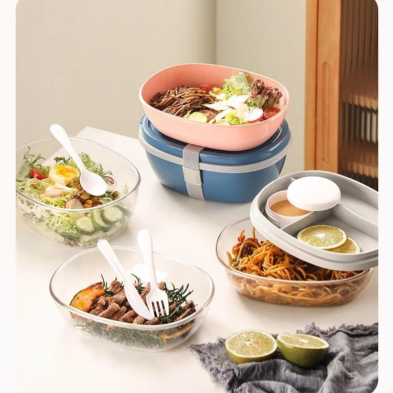 800/1300ML Portable Lunch Box with Two Compartments for Food Storage Plus A Detachable Mini PP Box Light Salad Cup Microwavable