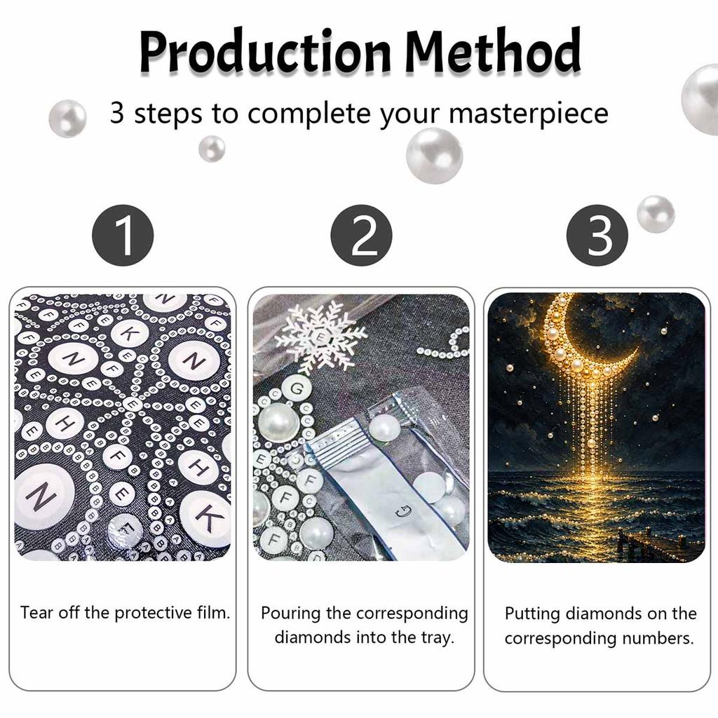 Unique 5D Framed Pearl Painting Kit with Golden Crescent Moon Night Sea Pattern Sparkling Bead Art Canvas DIY Handmade Craft for Living Room Decor