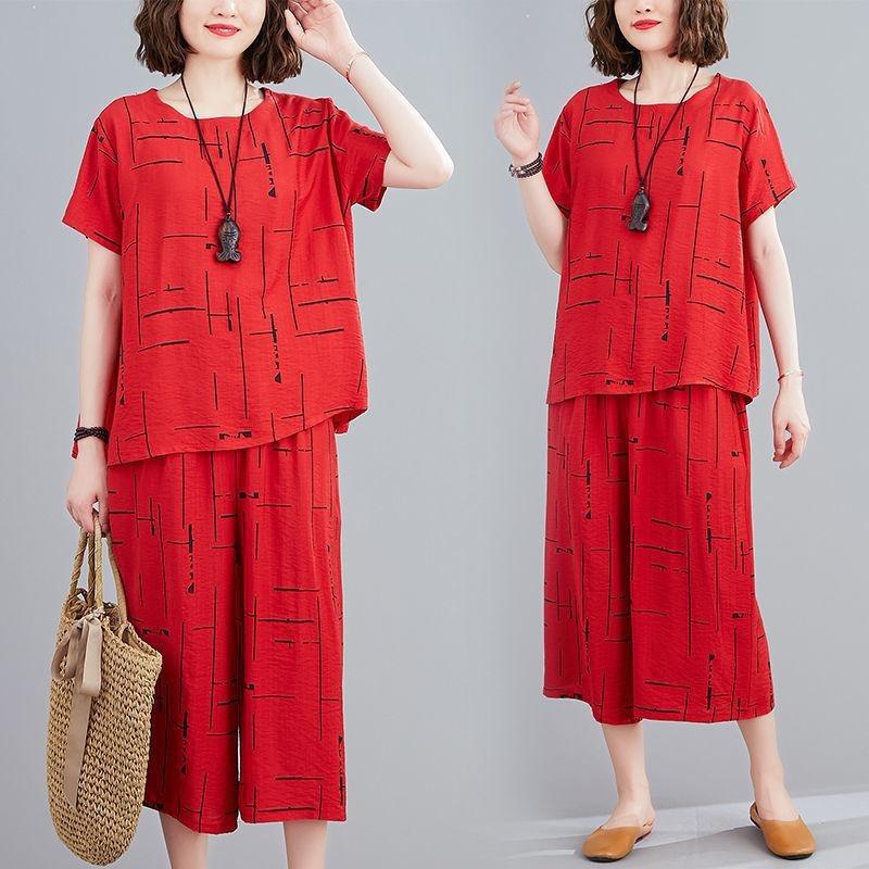 Outfit Estivo Elastico in Vita T-shirt con Stampa Vintage Set Pantaloni Lunghi