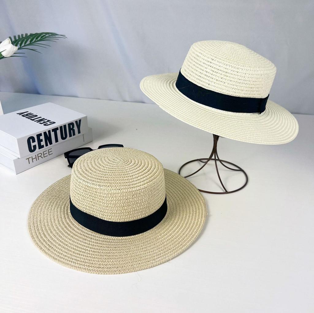 Panama Lafite Flat Top Straw Hat Summer Tourism British Simple Shade Sun Hat Beach Eaves Straw