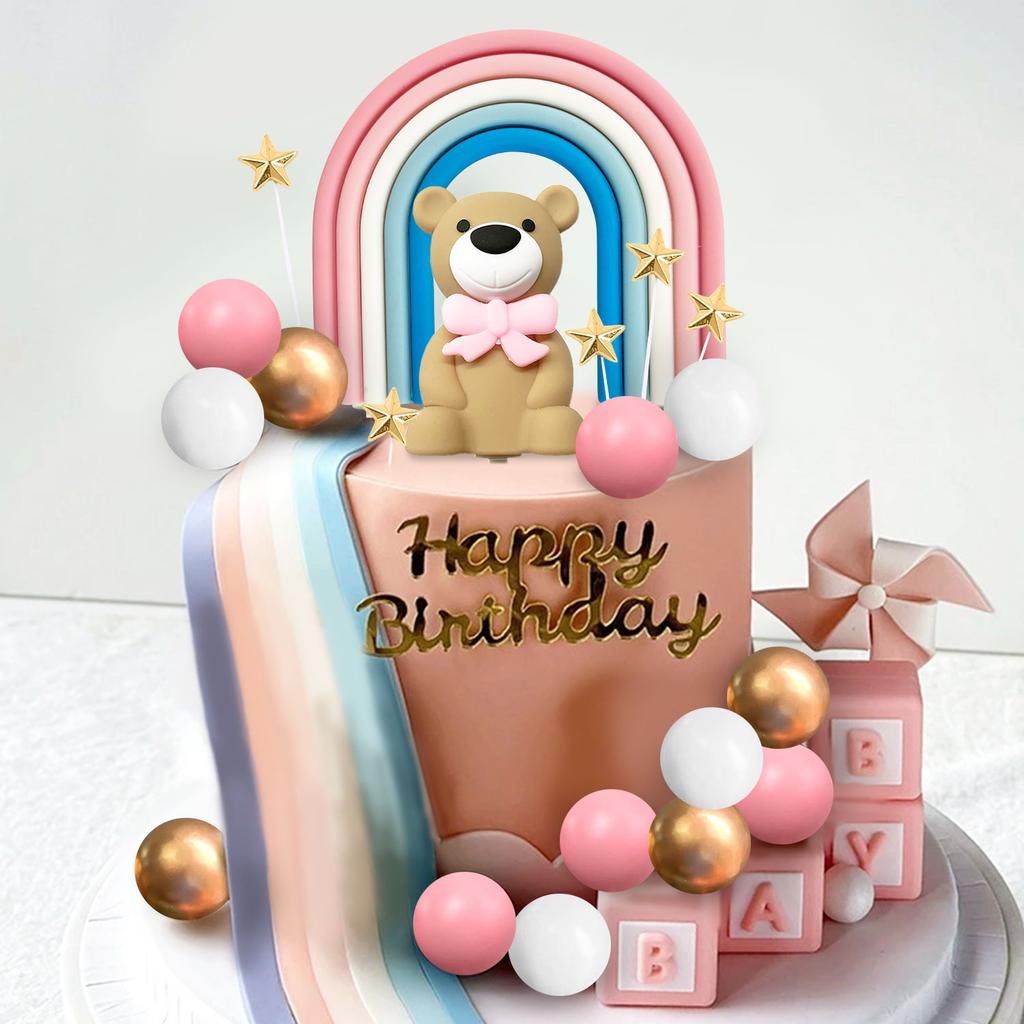 22pcs Pink Bear Cake Decoration Pink White Blue Rainbow Golden Ball Star Cake Top Baby Girl Shower Birthday Cake Decoration