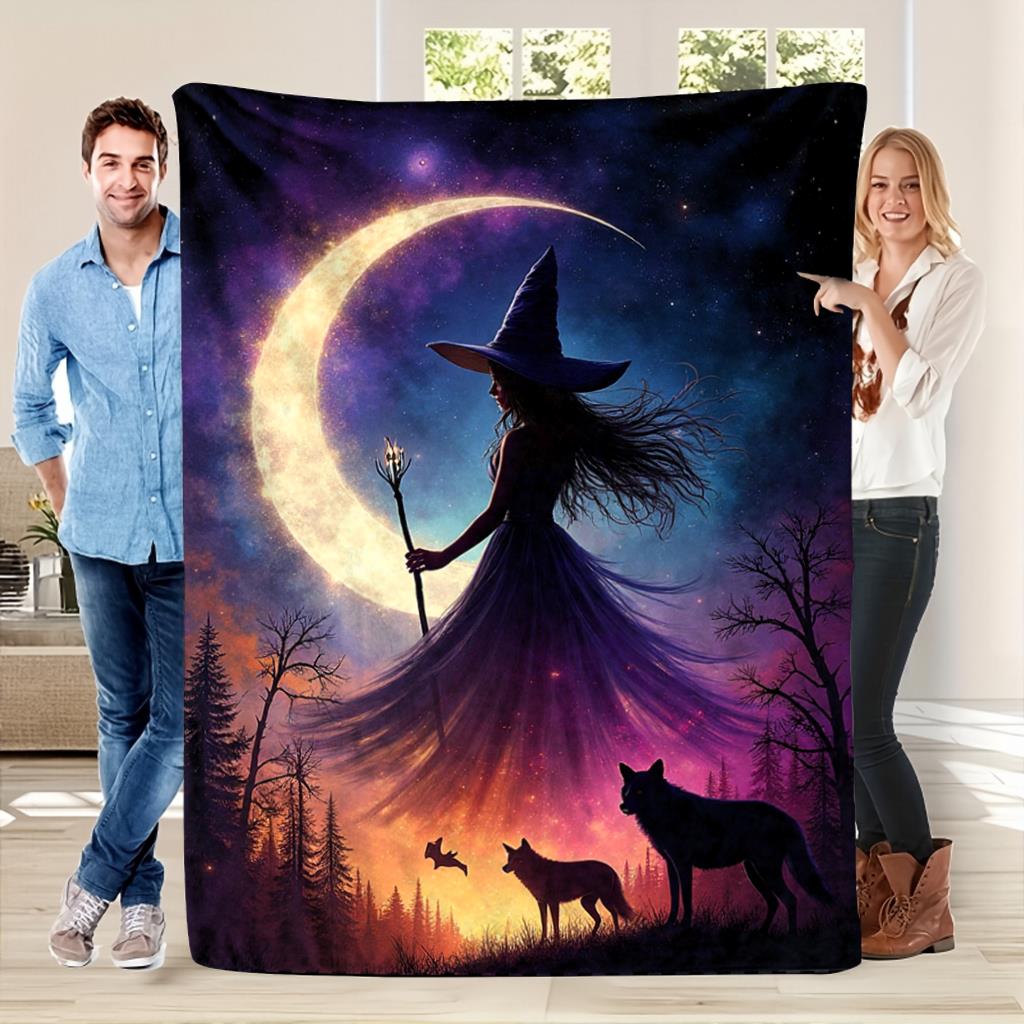 Witch Moon and Forest Pattern Flannel printed blanket suitable for all seasons suitable for living room office sofa and travel