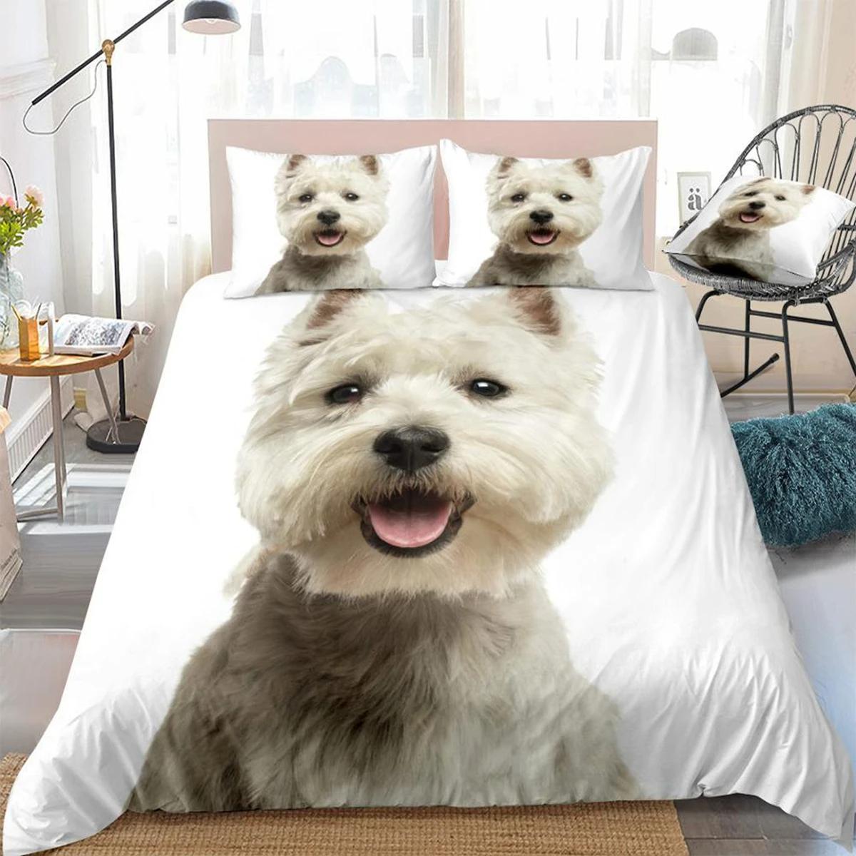 

3D Dog Duvet Cover Set West Highland White Terrier Bed Set White Bedding Boys Girls Cute Pet Quilt Cover 3pcs Dropship EU Single(135*200cm)3pcs
