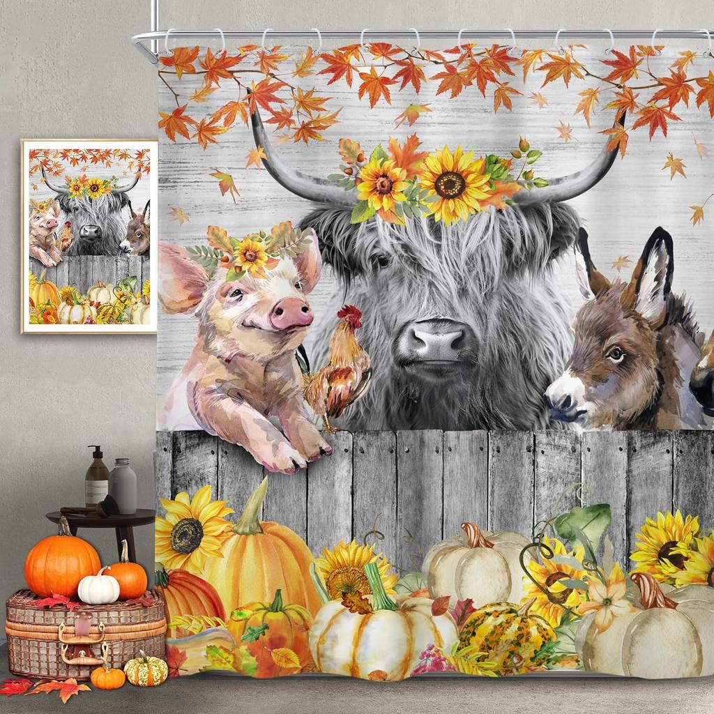 Halloween Duschvorhang Kinder Retro Lustig Geist Cartoon Niedlich 70er Y2k Herbst Kürbisse Blume Duschvorhang Badezimmer Set