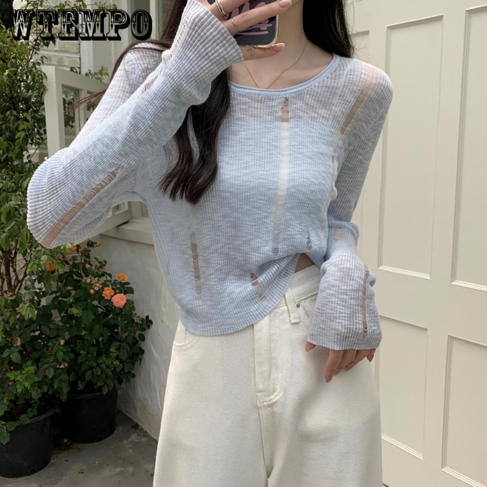 

Тонкий вязаный свитер для женщин с длинными рукавами, многослойный вязаный круглый вырез, тонкий короткий топ, однотонная солнцезащитная одежда для лета и осени S синий