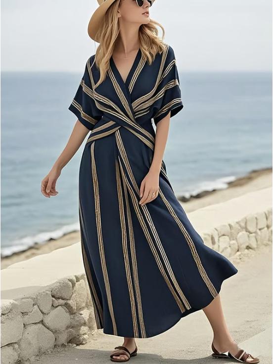 New European & American Summer V-neck Women's Ruffle Swing Dress