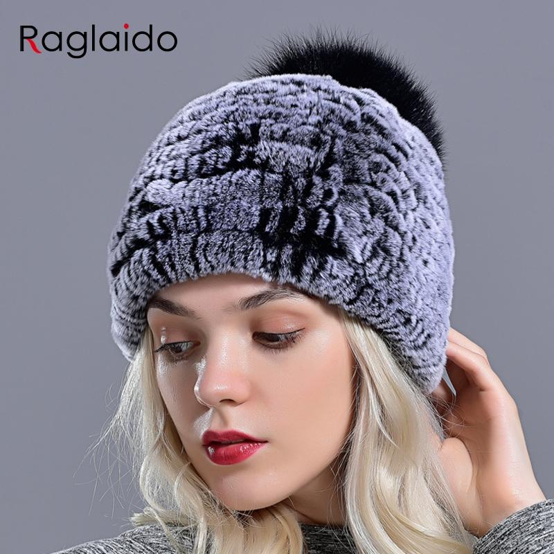 Rabbit Fur Pompom Hat Women's Beanies Winter Natural Fur Warm Knitted Caps for Girls Female Fashionable Elastic Ladies Hats