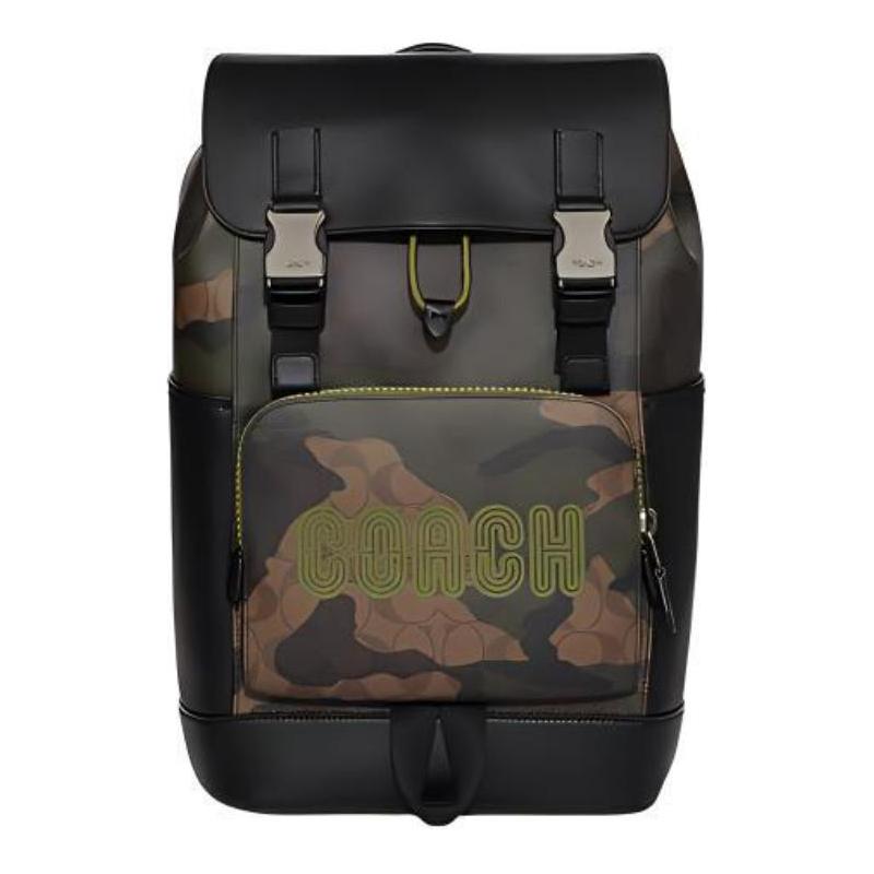 

COACH Track 27 drawstring buckle closure camouflage print cow leather fabric school bag backpack backpack large size men s khaki and olive green зелений