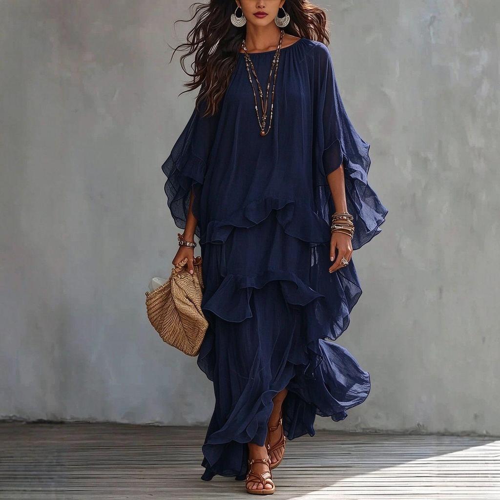 2026 Women's Chiffon Irregular Long Dress with Cape Sleeves and Wide Hem for European & American Holiday Style